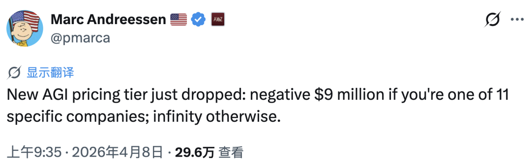 Screenshot of Marc Andreessen’s tweet about AGI pricing