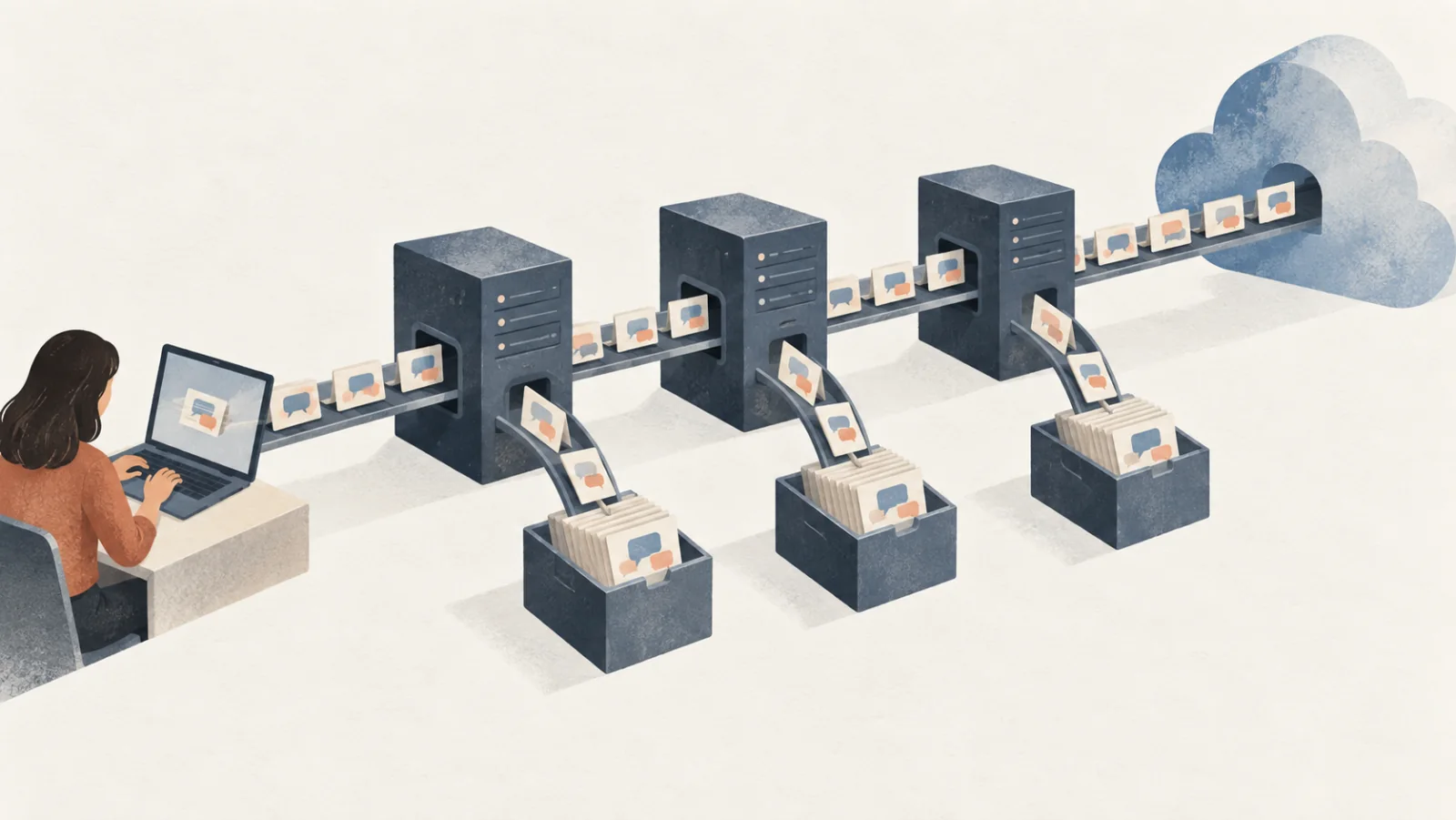 Conceptual illustration of a user’s conversation being copied into multiple archives as it passes through a model service and an API relay
