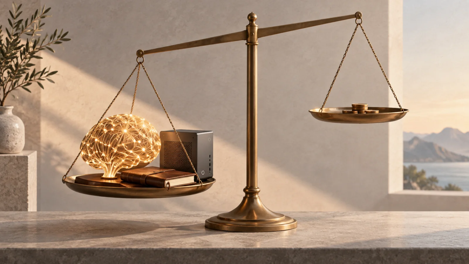 A scale weighs memories and research material against a few coins, illustrating the difference between the value of private data and the cost of inference