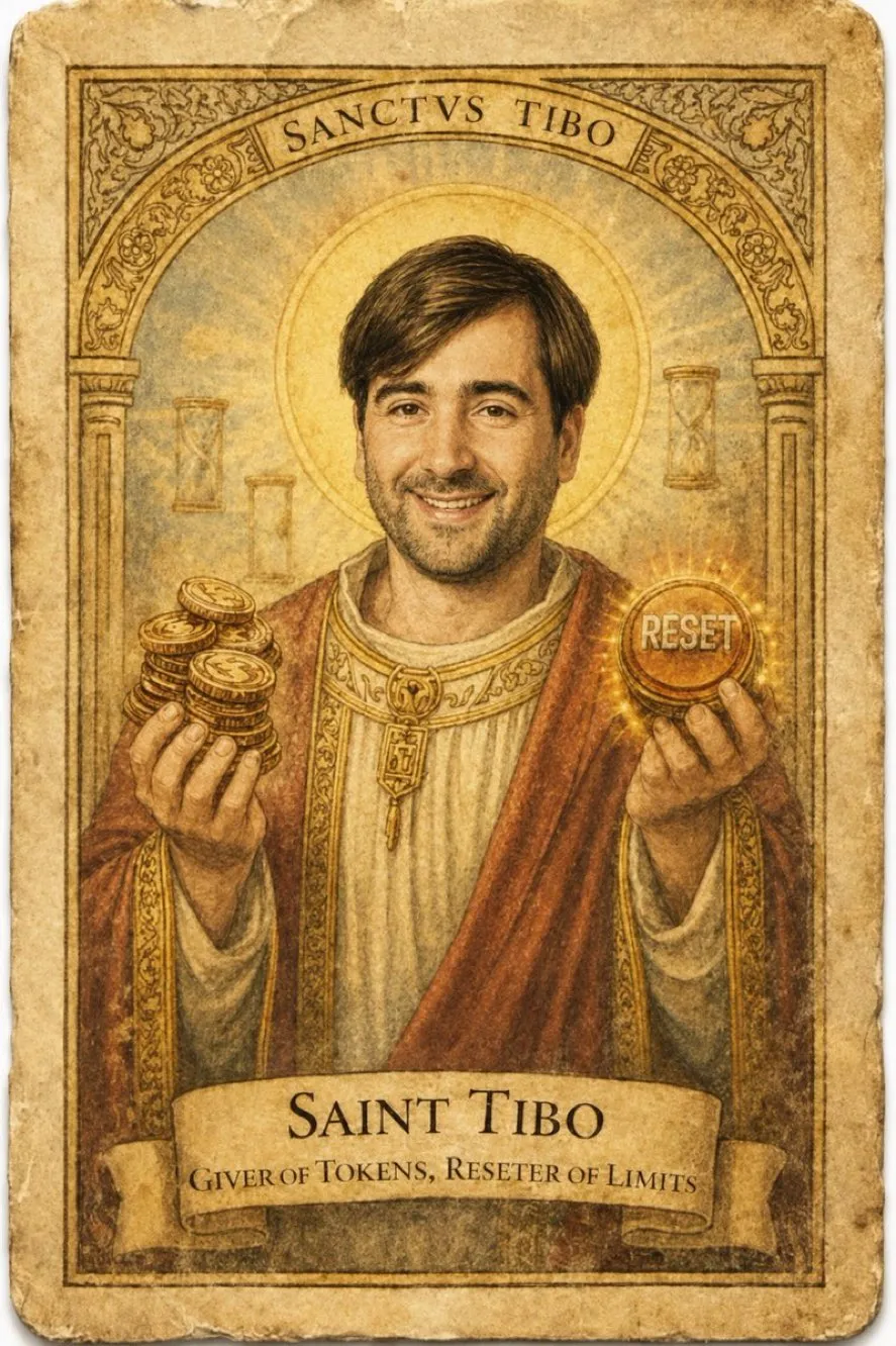 “Saint Tibo” holding tokens and a reset button
