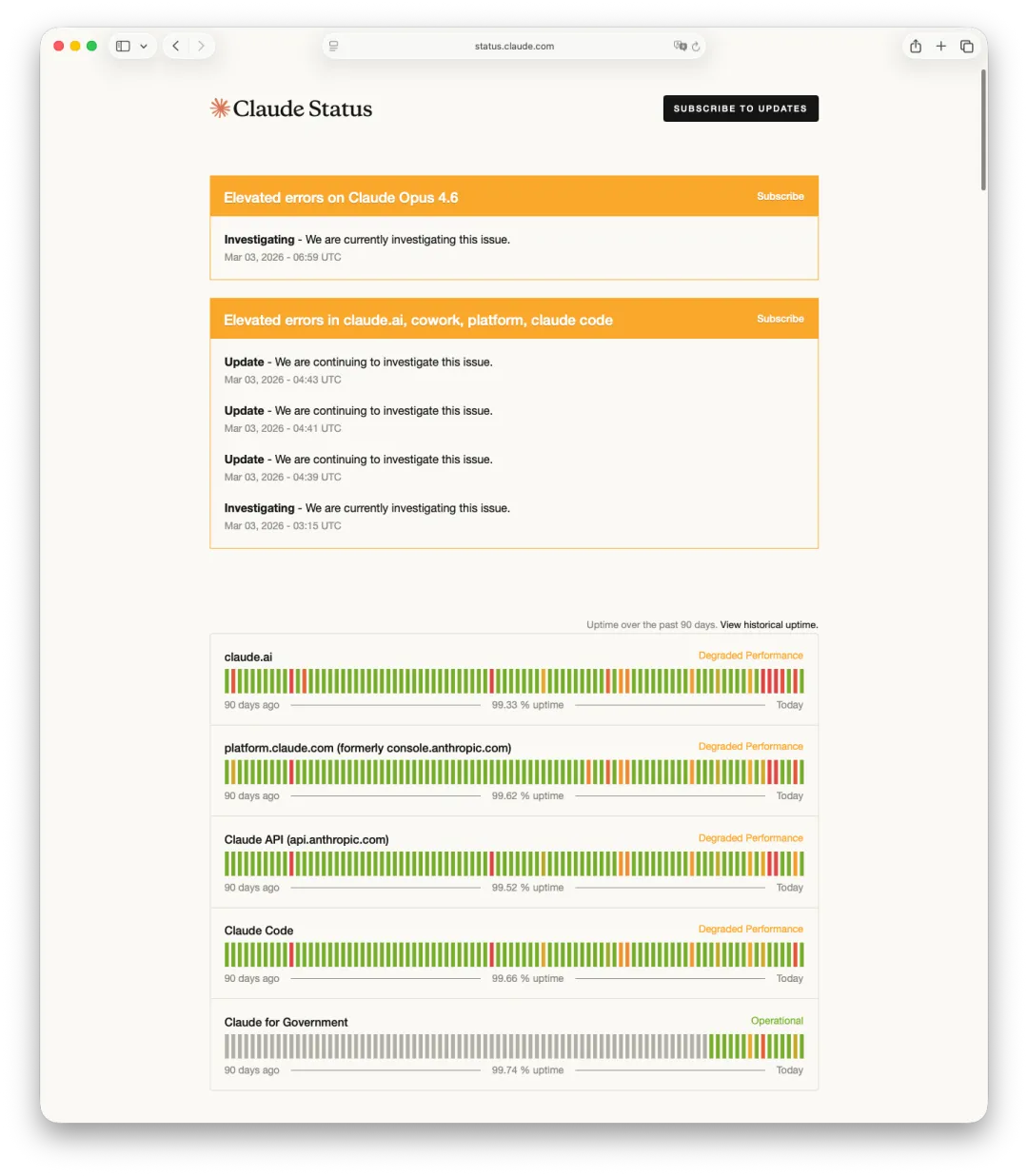 Claude outage screen and status notice