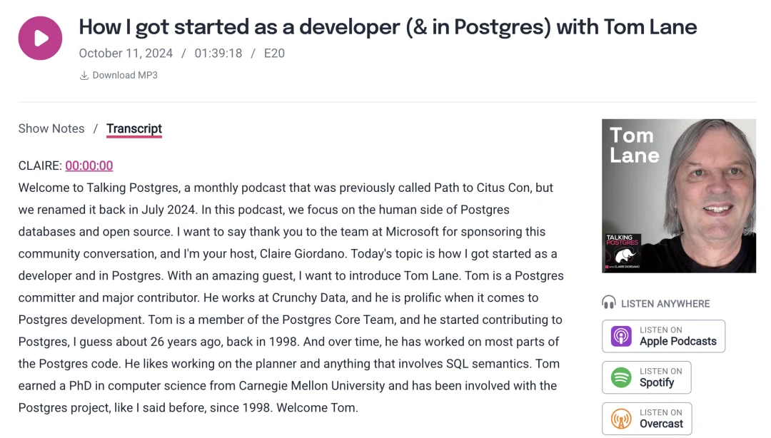 Tom Lane’s interview on the Talking Postgres podcast