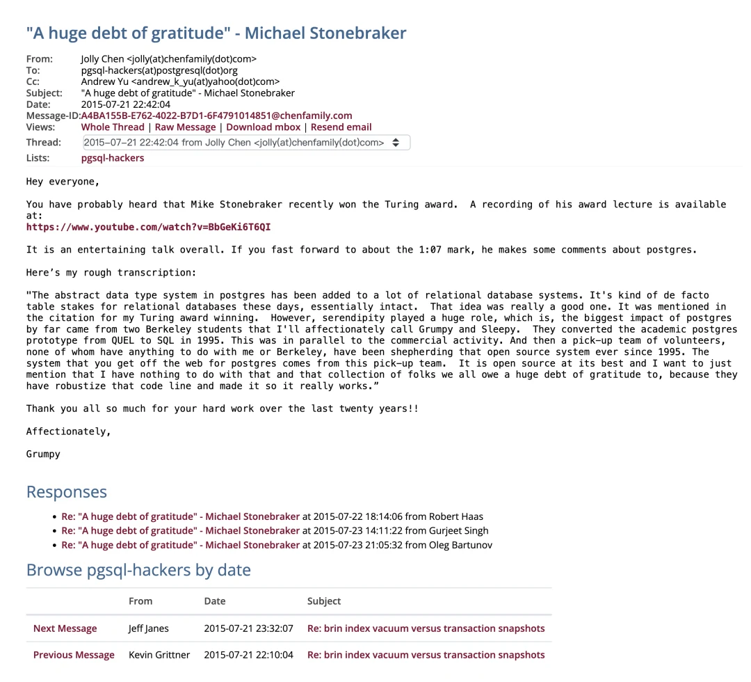 Jolly Chen’s transcript of Stonebraker’s Turing Award remarks
