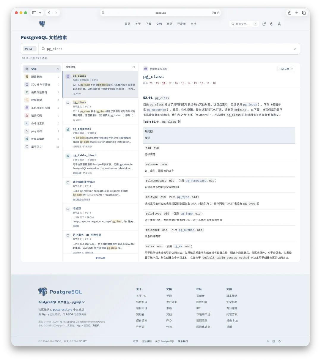Chinese PostgreSQL documentation search results and document preview