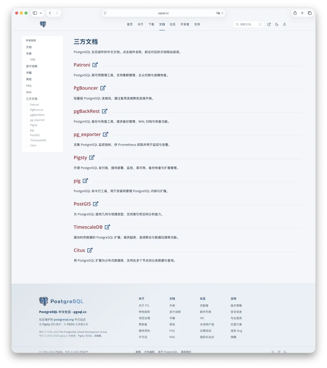 Links to Chinese documentation for PostgreSQL ecosystem components