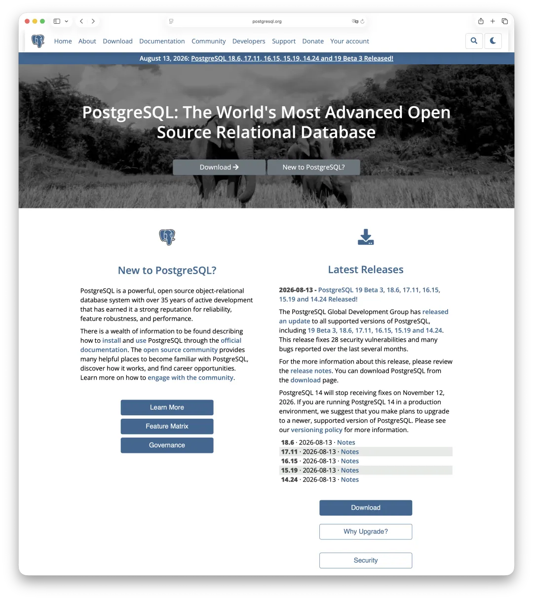 The official PostgreSQL homepage in English